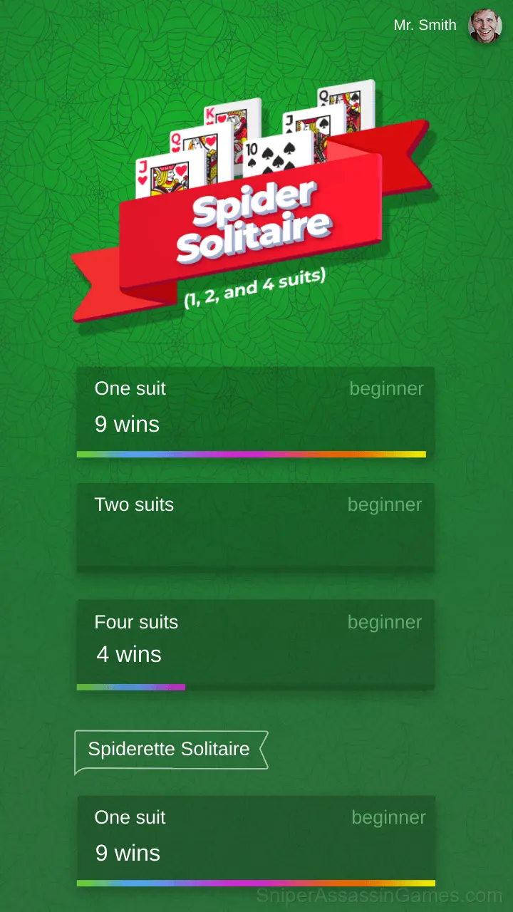Spider Solitaire (1, 2, and 4 suits) gameplay screenshot 1